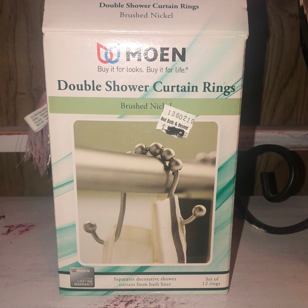 New In Box “MOEN” Double Shower Curtain Rings-Brushed Nickel